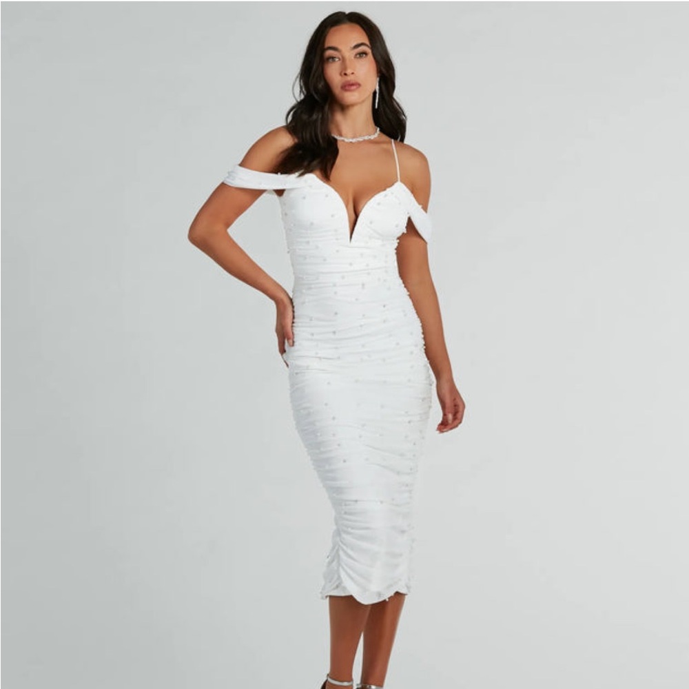 Anika Cold-Shoulder Pearl Mesh Formal Midi Dress